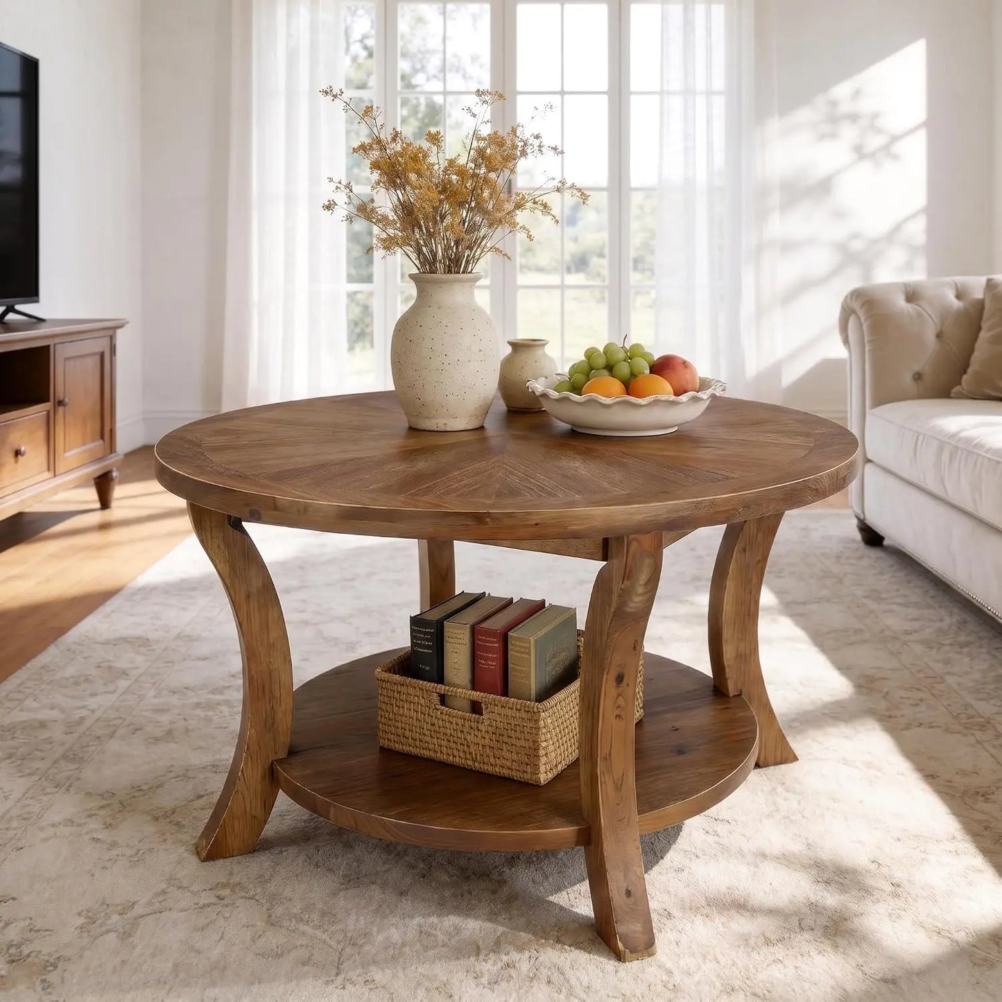 31.5" Round Solid Wood Coffee Table with 2-Tier Storage Shelf, Farmhouse Circle Center Table with Curved Legs for, Customized
