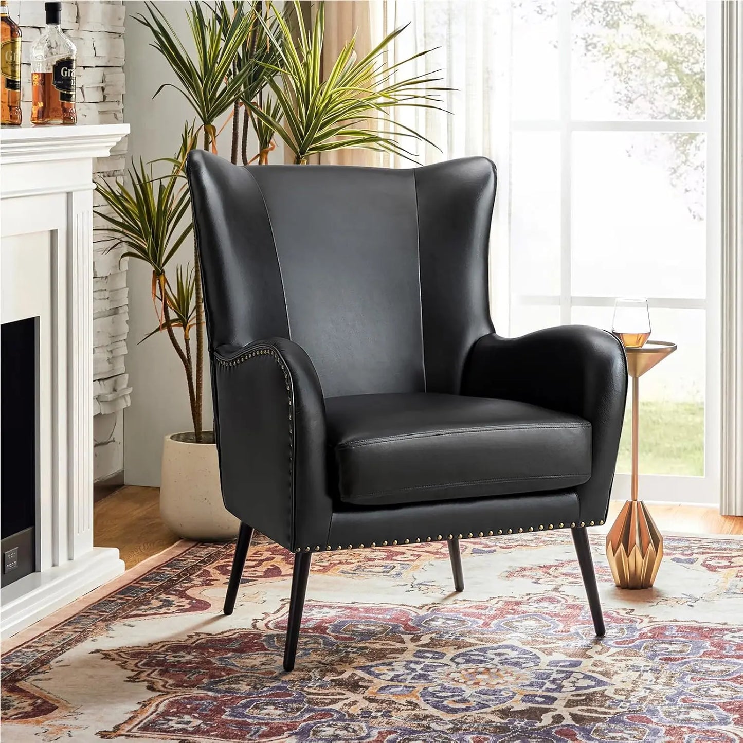 Faux Leather Accent Chair With Removable Cushion And Nailhead Trim