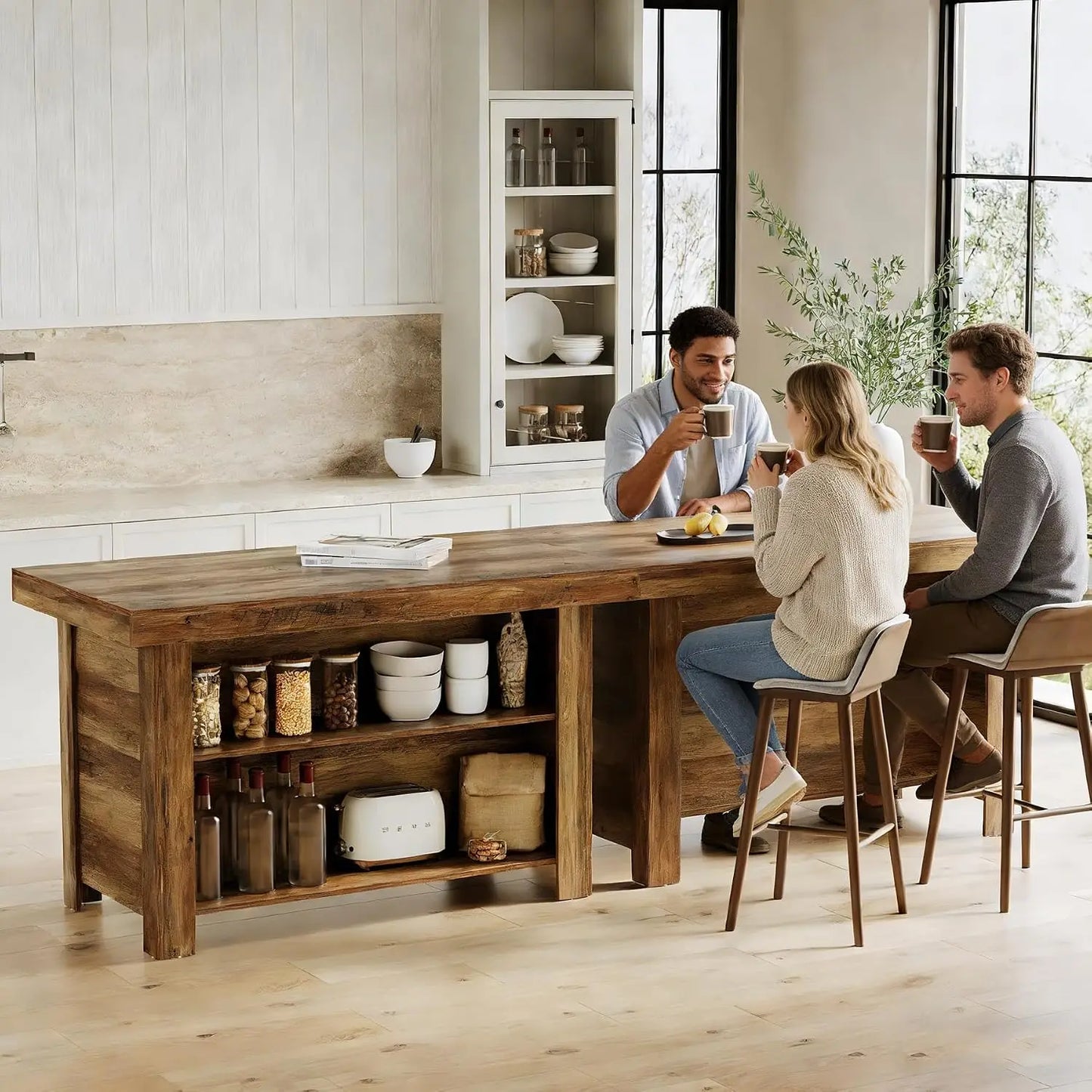 55 Inches Kitchen Island with Storage, 3-Tier Farmhouse Wooden Stationary Island Table with Large Worktop & Leg Room, Modern Cof