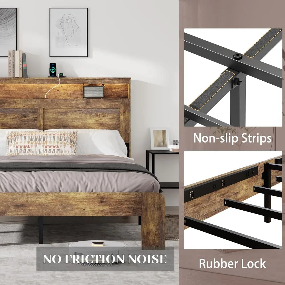 Wooden King Bed Frame with Headboard, USB & LED, No Box Spring Needed, Easy Assembly