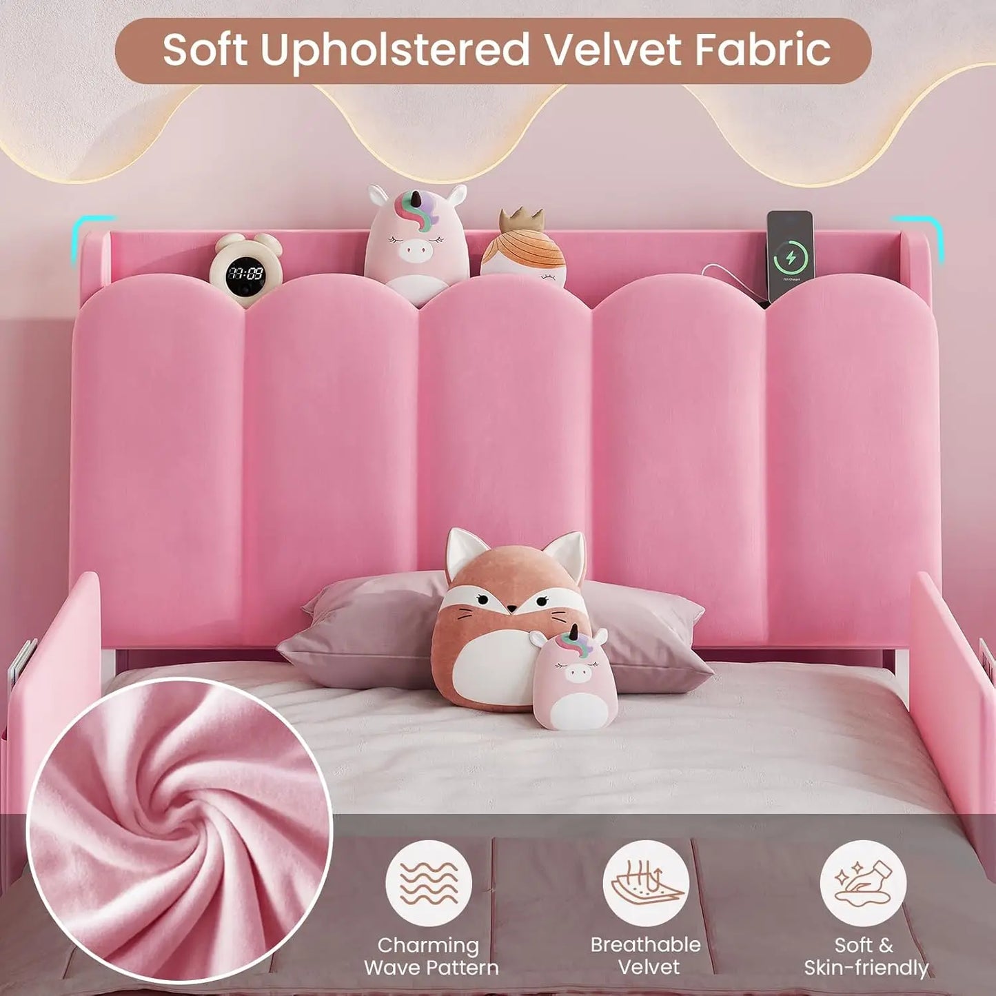 Twin Size Princess Bed Frame Storage Drawer Safety Guardrails Led Velvet Upholstered Platform Bed Girls Wavy Storage Headboard C