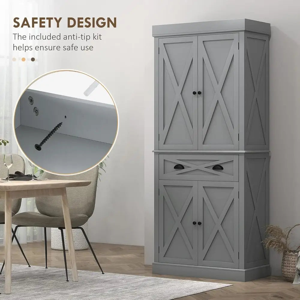 72" Kitchen Pantry Storage Cabinet, Traditional reestanding Pantry Cabinet with 4 Doand 2 Adjustable Shelves, Large Central Der,