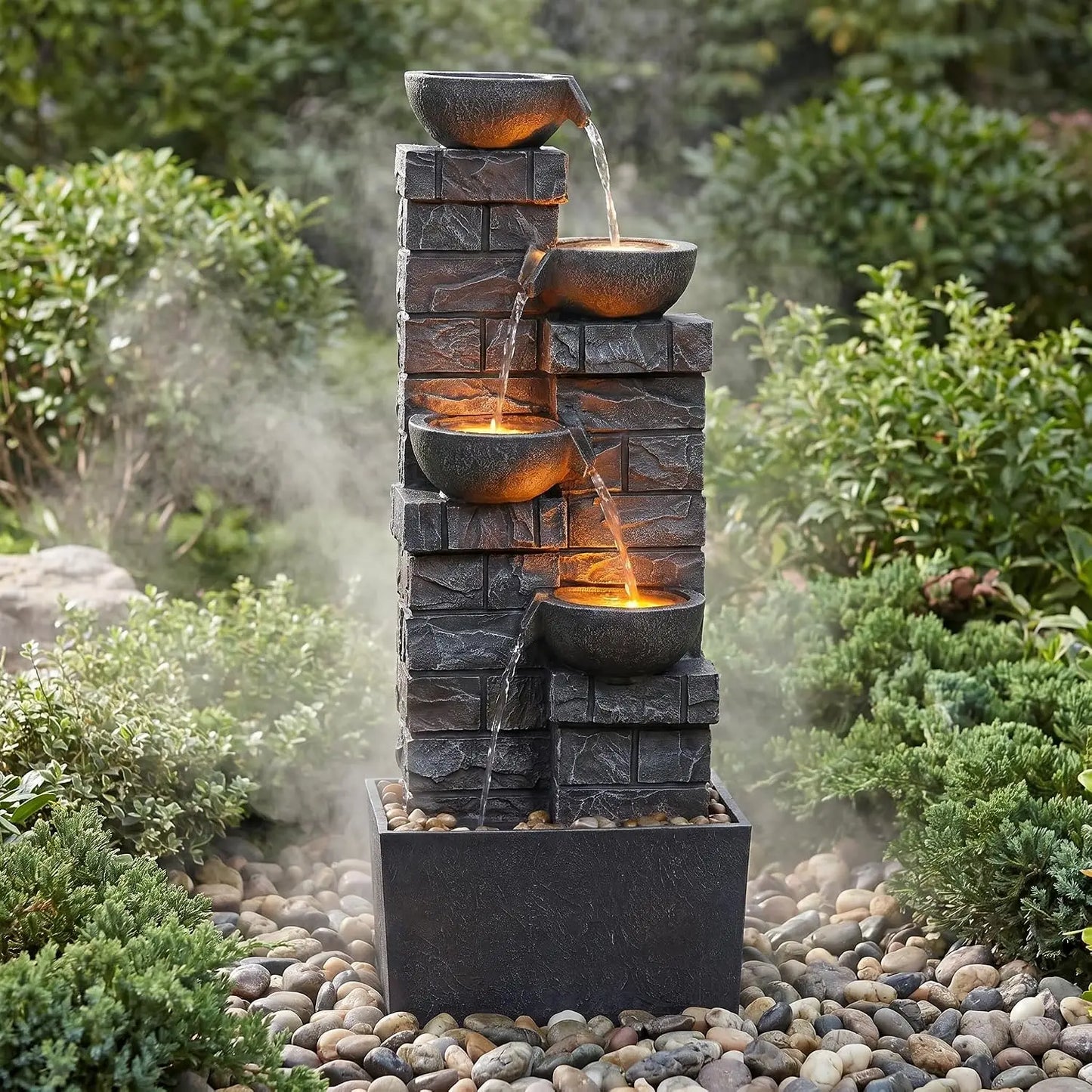 33.5 Inch Water Fountain 4-Tier Cascading Bowls with LED Lights, Indoor Outdoor Decorative Floor Standing Resin Waterfall