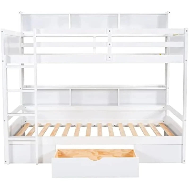 Twin over Twin Bunk Bed with Storage Drawer, Solid Wood Construction, Built-in Shelves on Each Side
