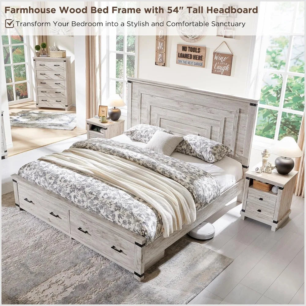 Queen Bed Frame 54" Tall Geometric Headboard, Rustic Wood Platform w/ 2 Drawers, Wood Slats, No Box Spring Needed, Antique White