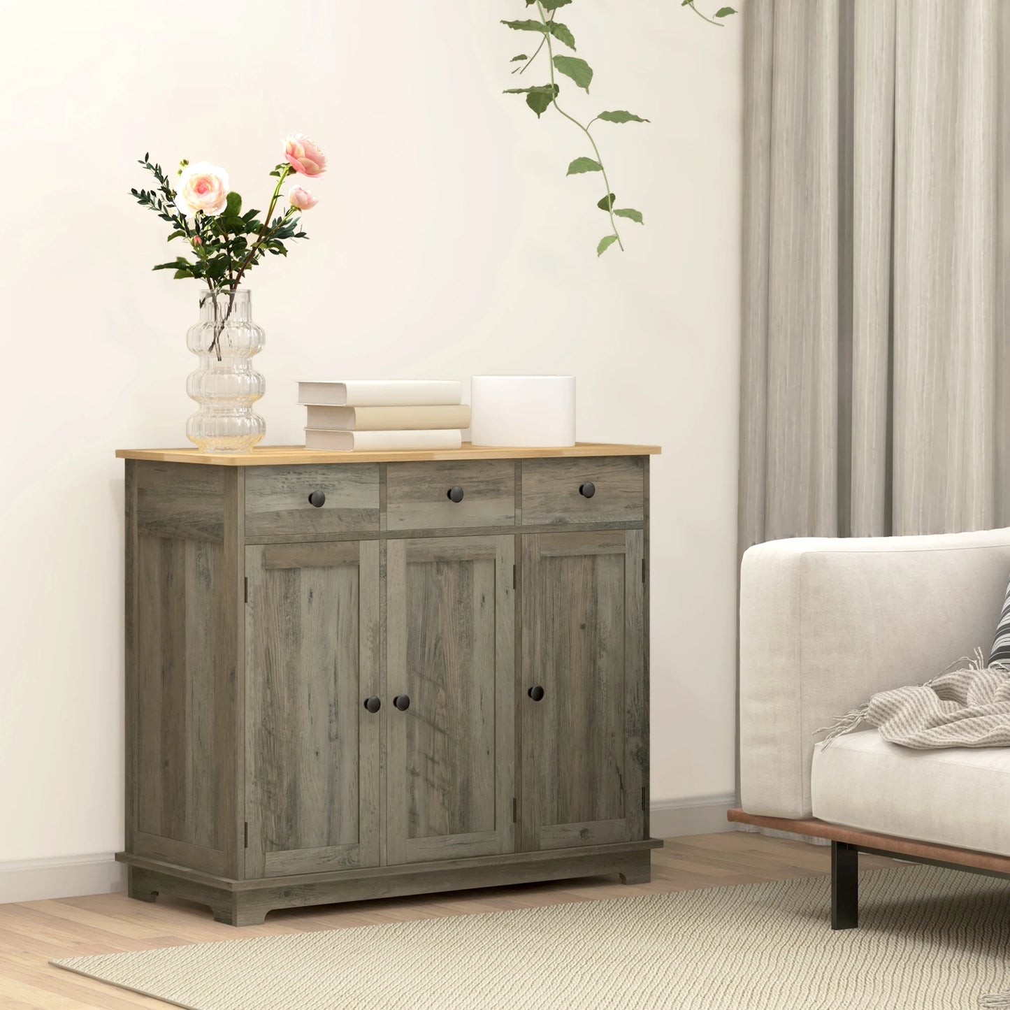 Homcom Sideboard Buffet Cabinet with Solid Wood Countertop, Modern Kitchen Storage Cabinet, Coffee Bar Cabinet with 3 Drawers, Doors and Adjustable Shelf, Distressed Gray