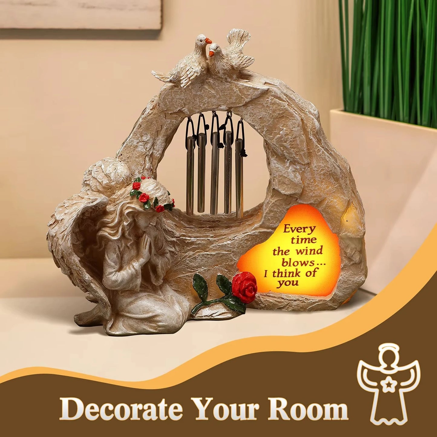 Solar Powered Angel Garden Statue With LED Wind Chimes