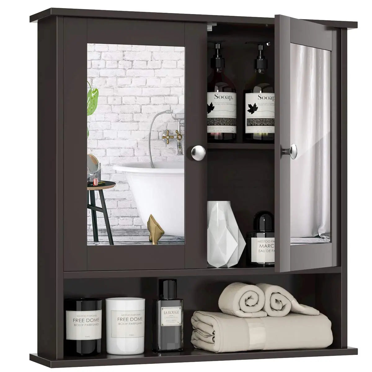 Tangkula Bathroom Medicine Cabinet With Mirror, Wall Mounted Wooden Hanging Organizer With Doors And Shelves, Bathroom Wall Mirr