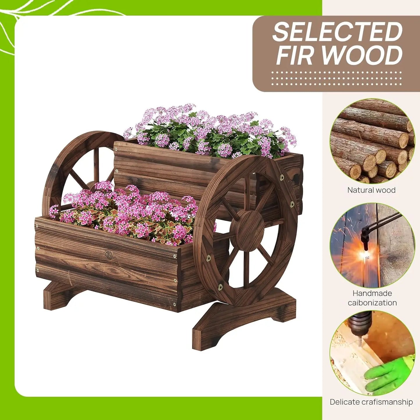 Wooden Wagon Planter With Wheels For Outdoor Garden Balcony Succulent