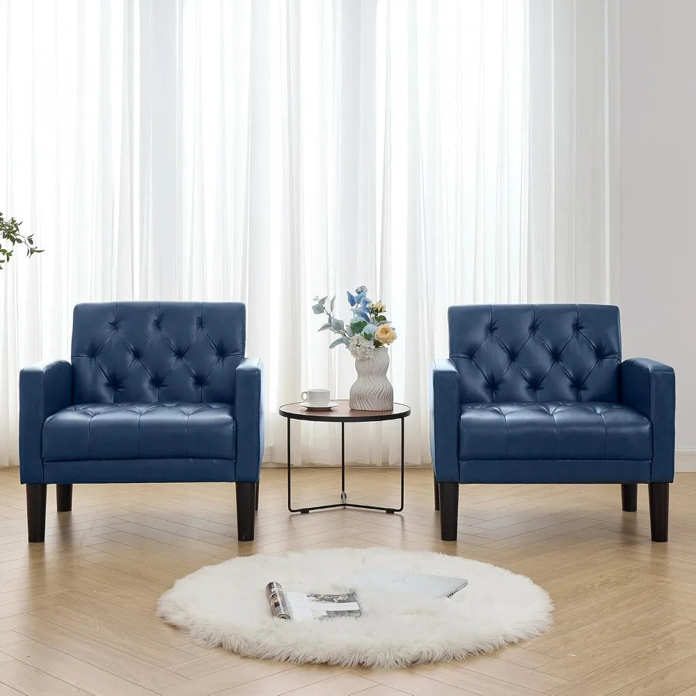 Accent Chairs Set of 2, Comfy Living Room Chair Leather Tufted Mid Century Modern Armchair for Office Bedroom, Blue