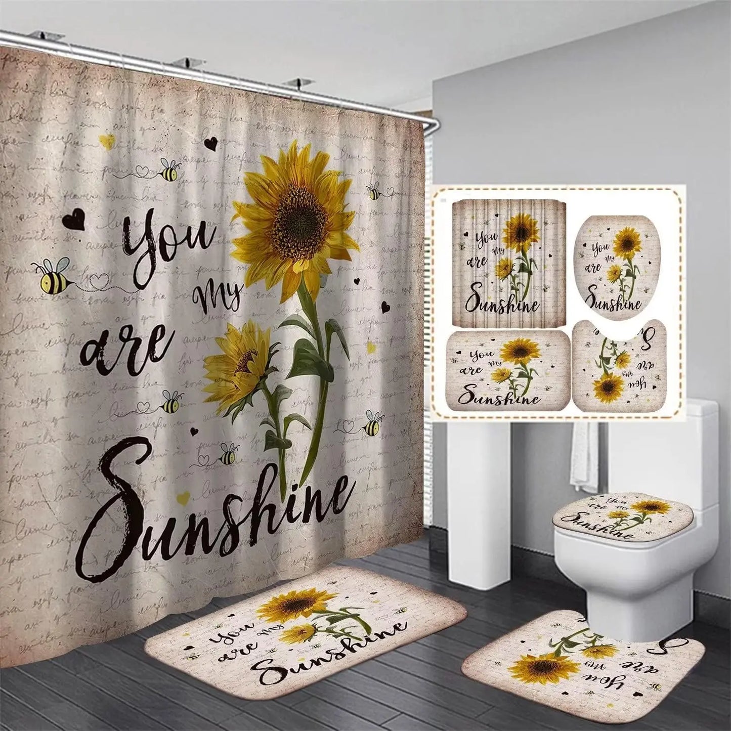 4 Piece Sunflower Shower Curtain Set - Yellow Floral Flower Bathroom Decor - Washable Fabric Curtain - Rugs and Toilet Lid Cover