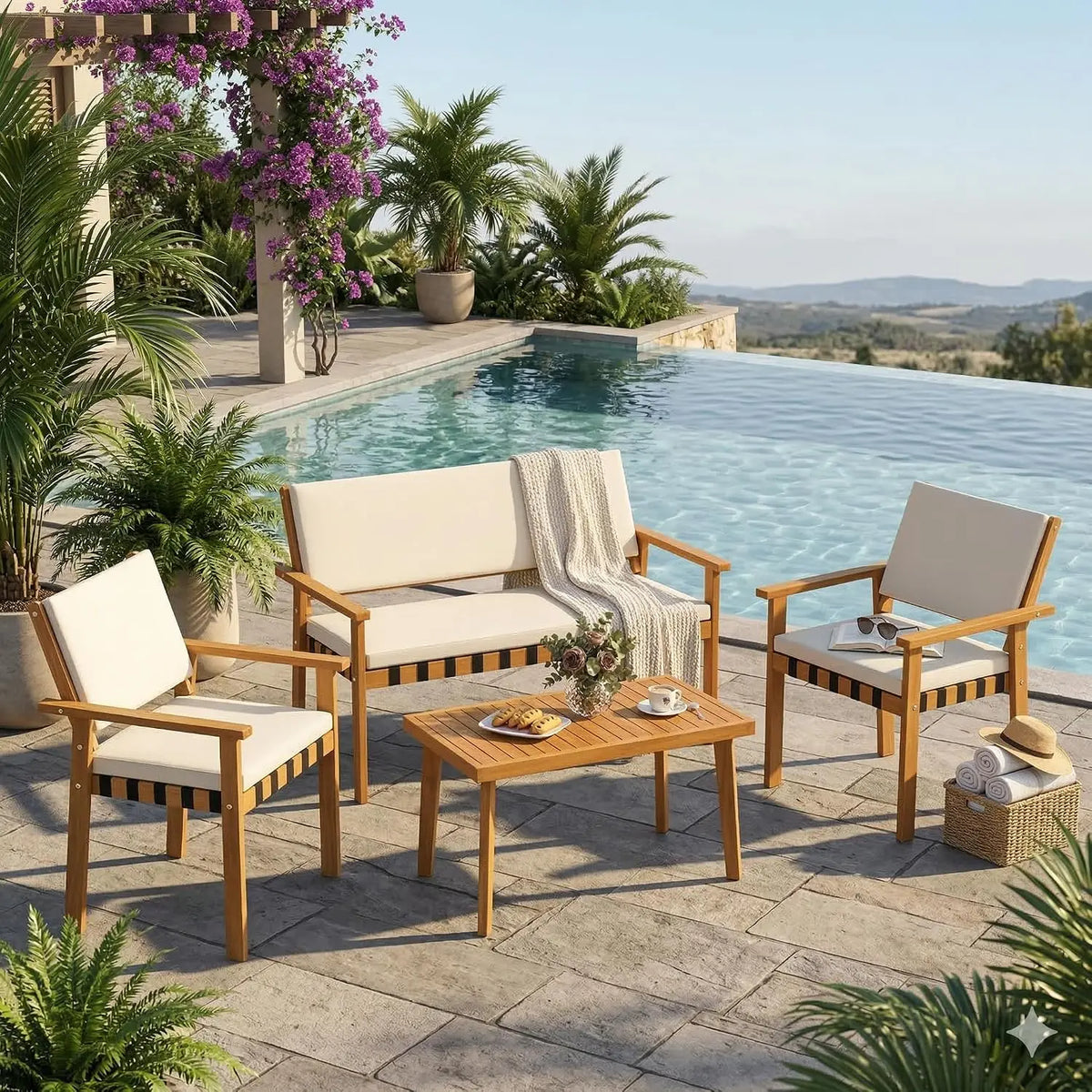 Acacia Wood Outdoor Conversation Set with Cushions and Coffee Table