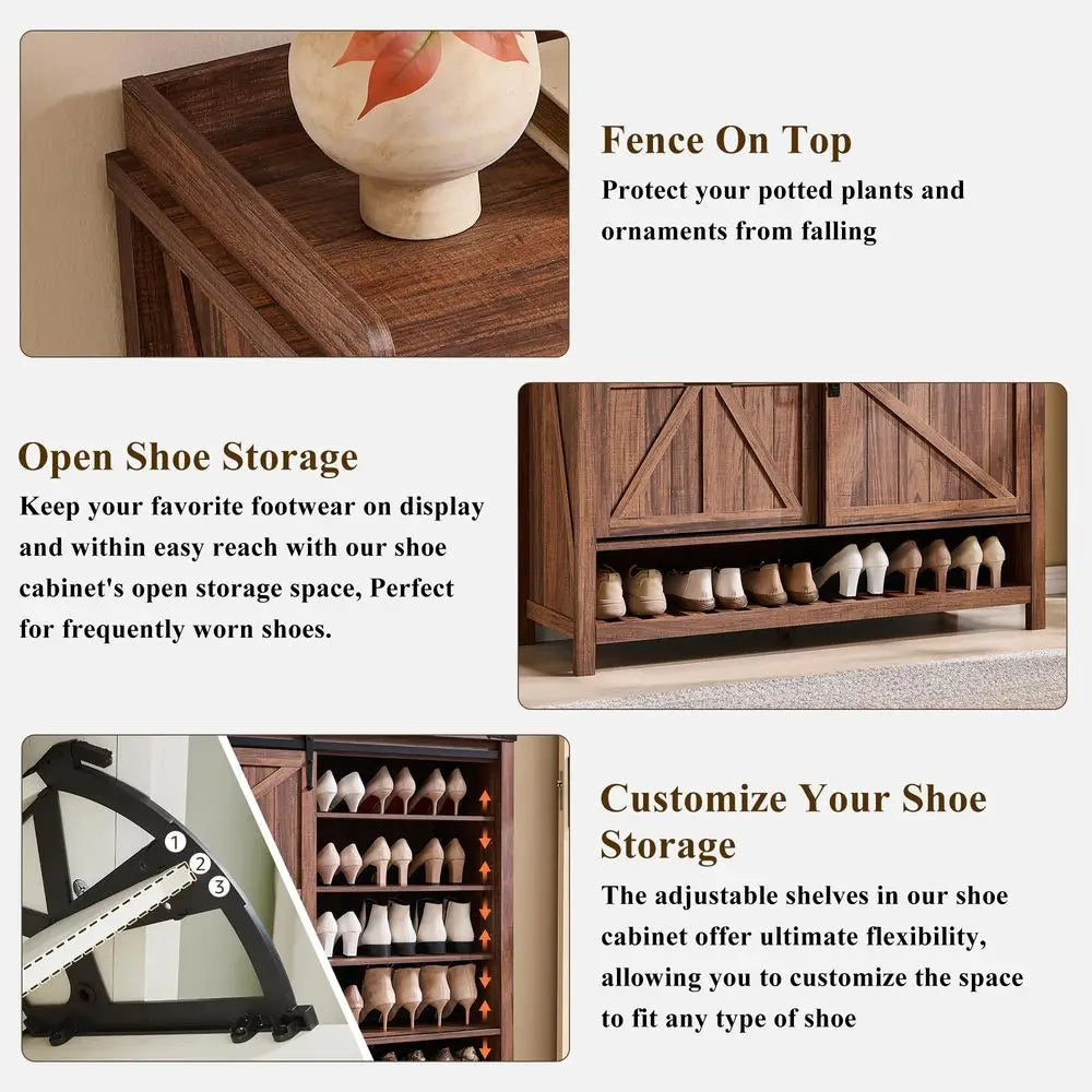 Rustic Farmhouse Shoe Storage Cabinet With 2 Flip Drawers Sliding Door