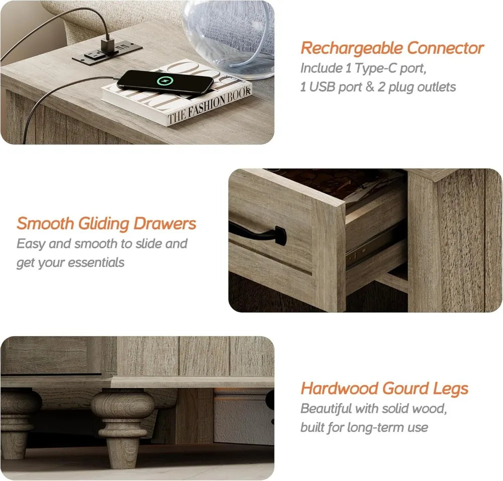End Table with Charging Station, Grey Side Table with Storage Cabinet & Drawer, Wooden Nightstand with Power Outlets & USB Ports