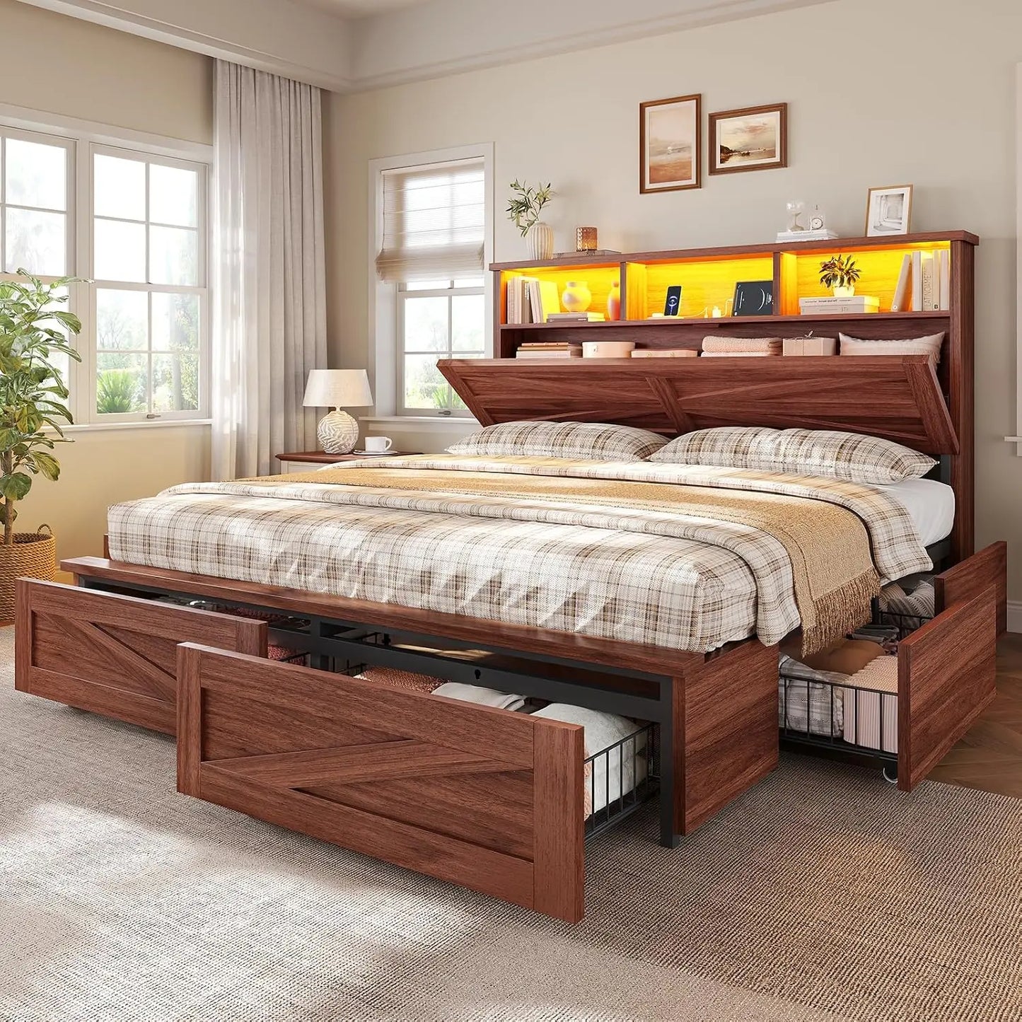 Queen Bed Frame with 6 Drawers, Farmhouse Bed Frame with Barn Door Headboard and Storage, Wood Platform Bed Frame, Customized