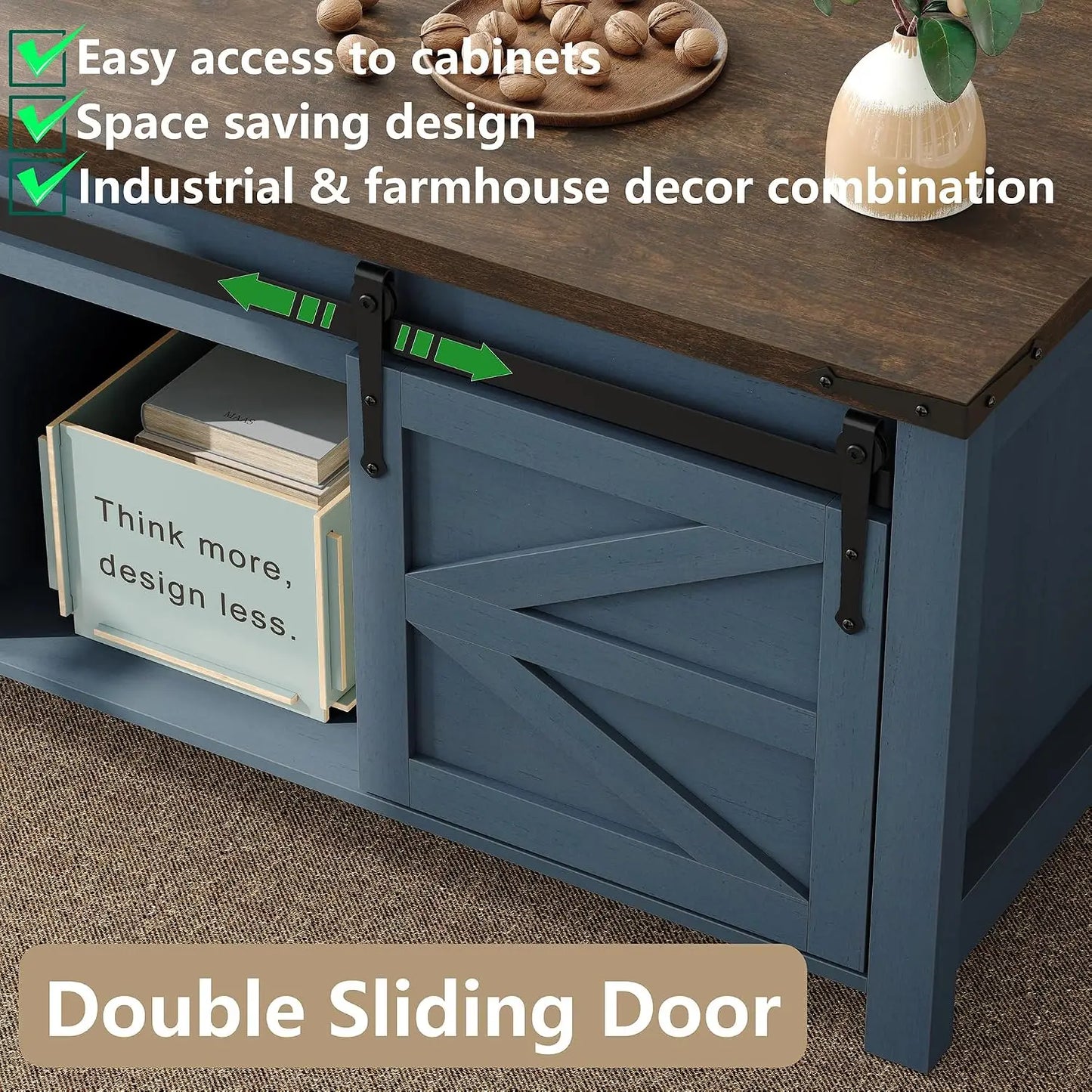 Furnihold Lift Top Coffee Table, 47.3'' Farmhouse Coffee Table with Large Hidden Storage Compartment & Sliding Barn Doors, Wood
