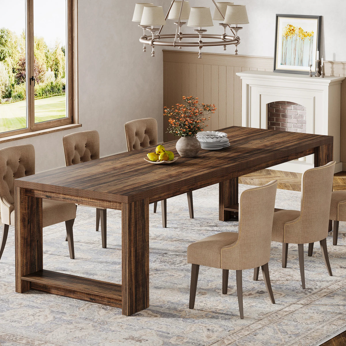 Tribesigns 86.61-Inch Dining Table for 6-8 People, Modern Narrow Long Kitchen Table with Pedestal Base