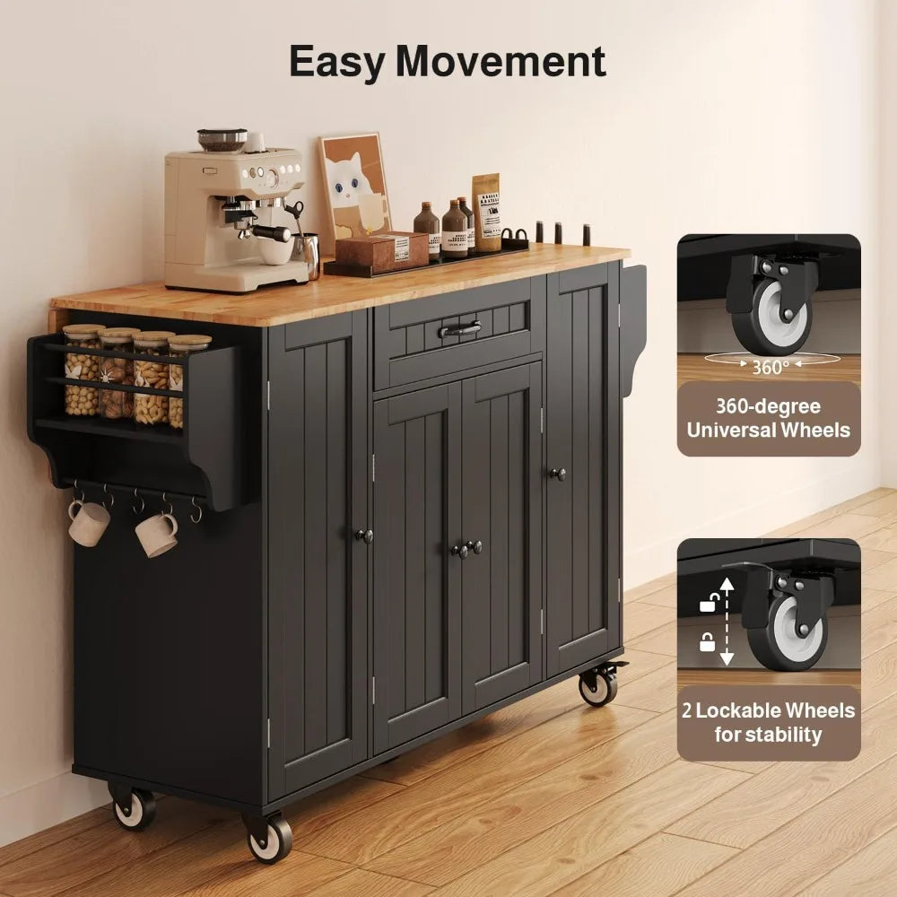 Rolling Kitchen Island on Wheels, Storage Cart with Spice Rack, Towel Rack, Knife Holder, Drop Leaf, Black