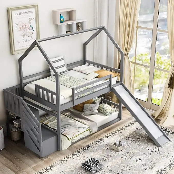 Solid Wood Over Bunk Bed With Slide And Storage Staircase