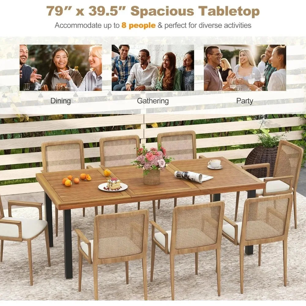 Acacia Wood Patio Dining Table With Umbrella Hole Metal Legs