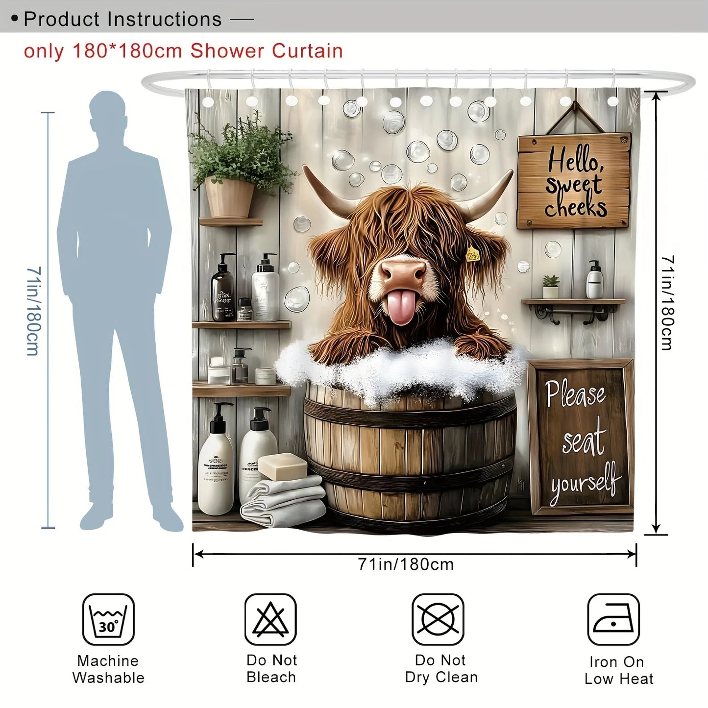 Funny Highland Cow Shower Curtain Set Farmhouse Bathroom Decor