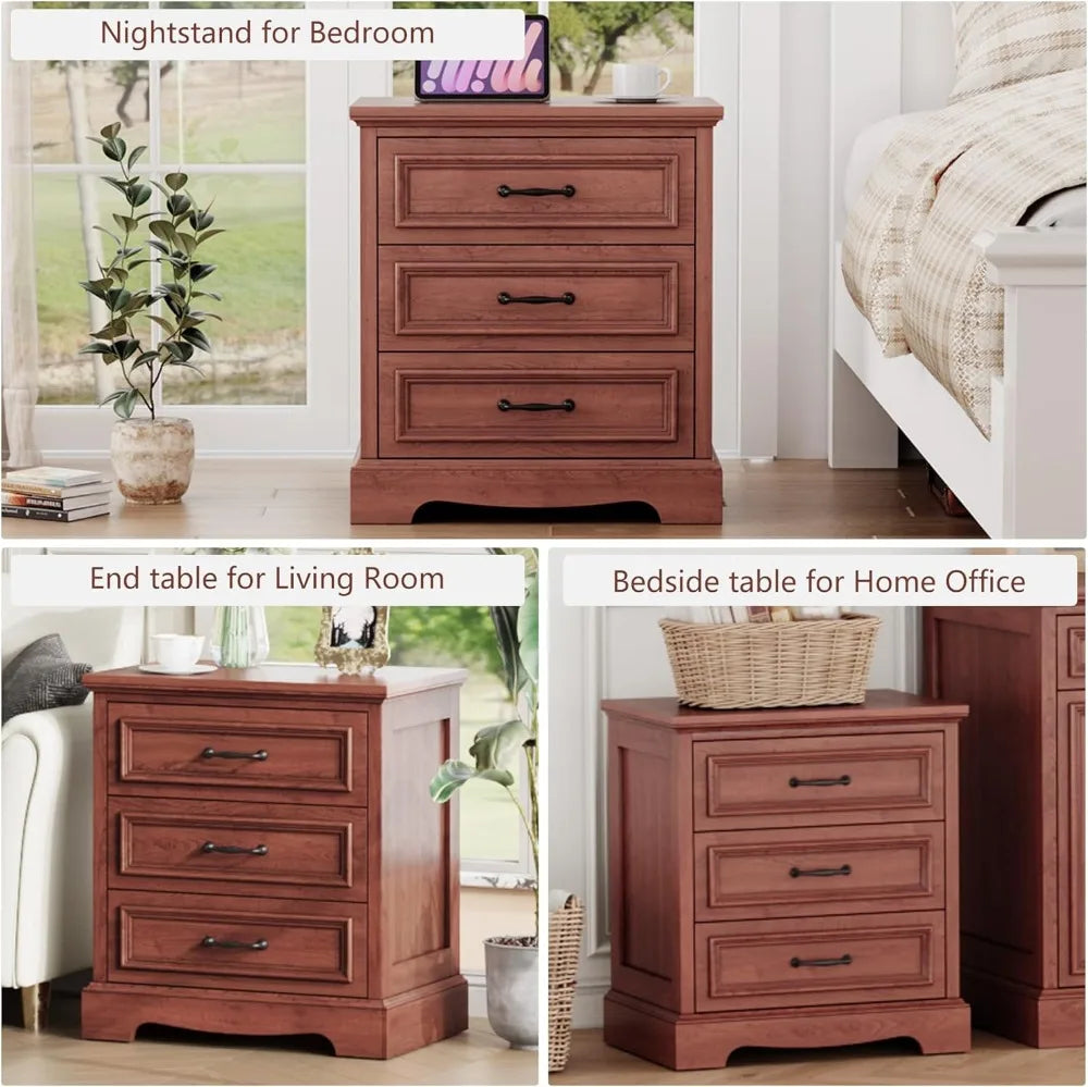 21.7" Farmhouse Nightstand Set of 2 with Charging Station, 3 Drawers, USB-C, End Table for Bedroom Living Room, Cherry Brown