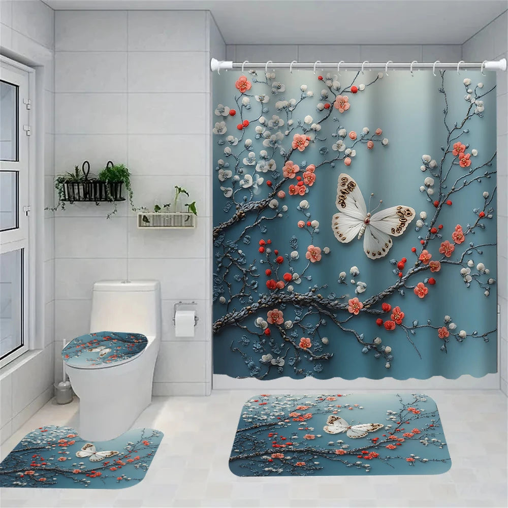 Flower Bird Shower Curtain Set With Carpet And Toilet Seat