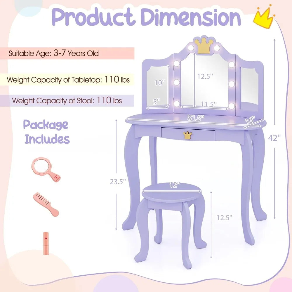 Girls Vanity Set With LED Lights Mirror And Stool Storage