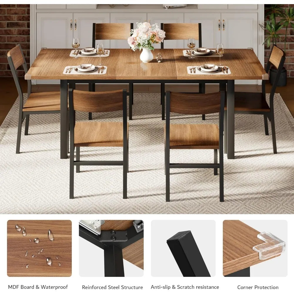 7-Piece Extendable Dining Table Set with 6 Chairs, Small Space Kitchen Table for 4-6 People, Solid Metal Frame & MDF Board,
