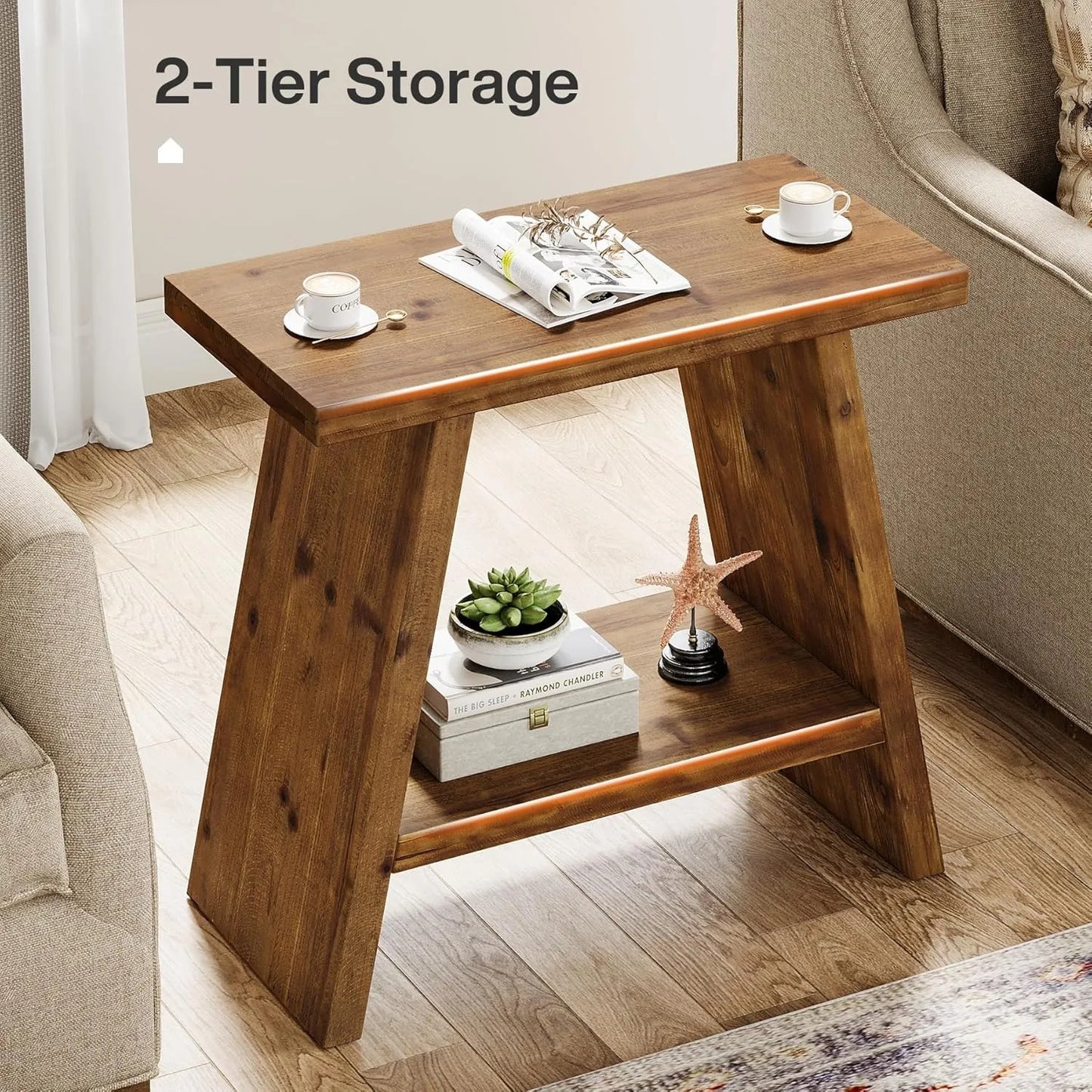 LITTLE TREE End Table for Living Room, Narrow Small Side Table with 2-Tier Storage, Farmhouse Bedside Nightstand for Bedroom