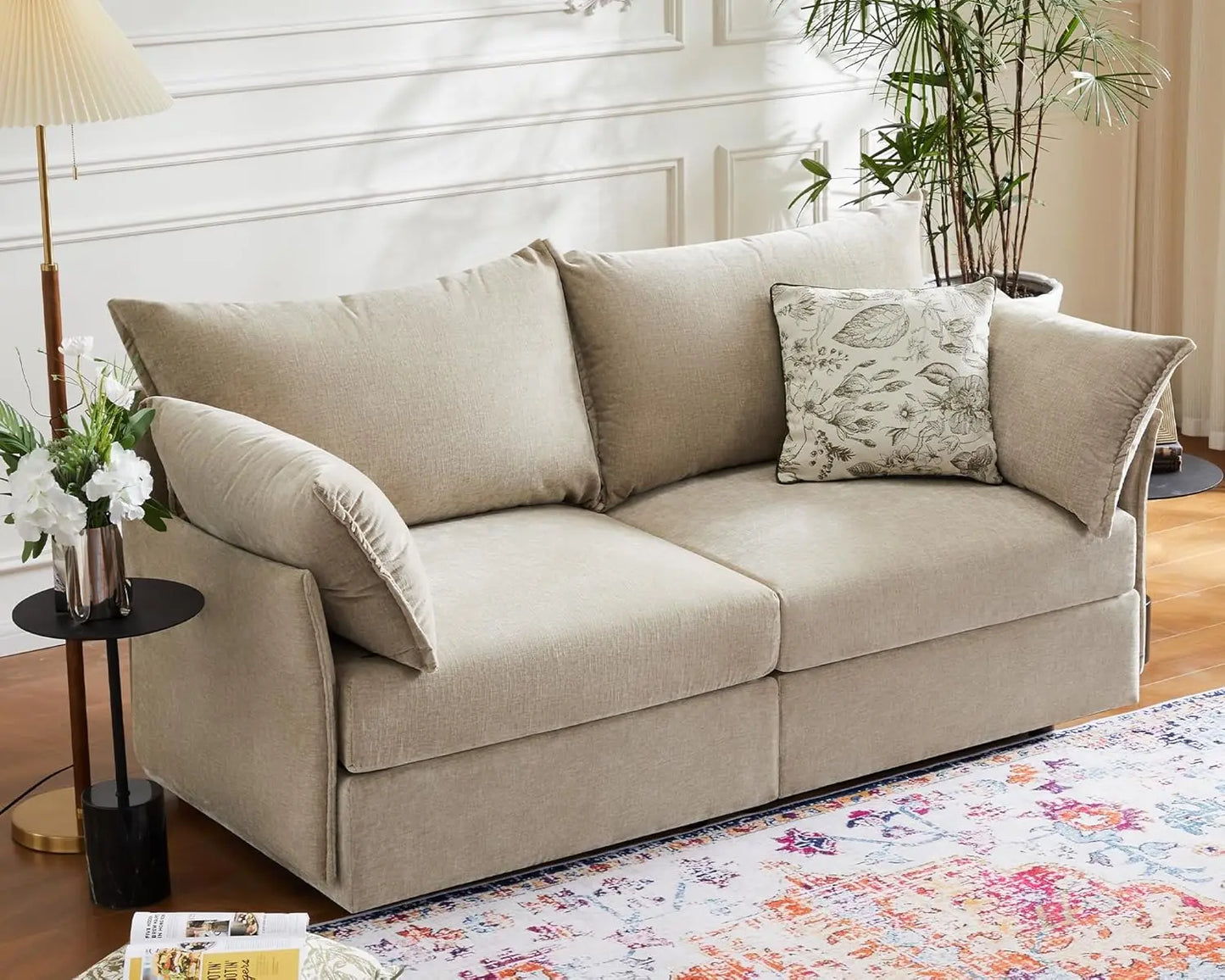 Oversized Loveseat Sofa, Modern Modular Sectional Couch Terracotta Orange Fluffy Chenille Mid Century 2-Seat 24.5" Deep Seat for