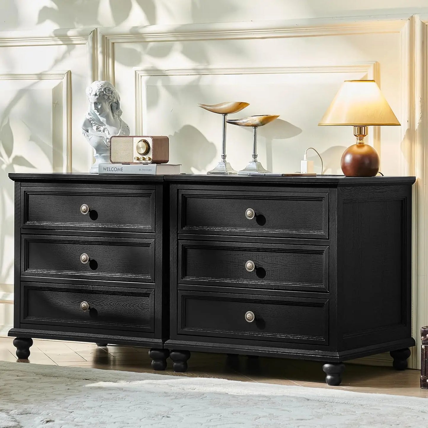 Farmhouse Nightstand With Charging Station Three Drawers Bedside Wood
