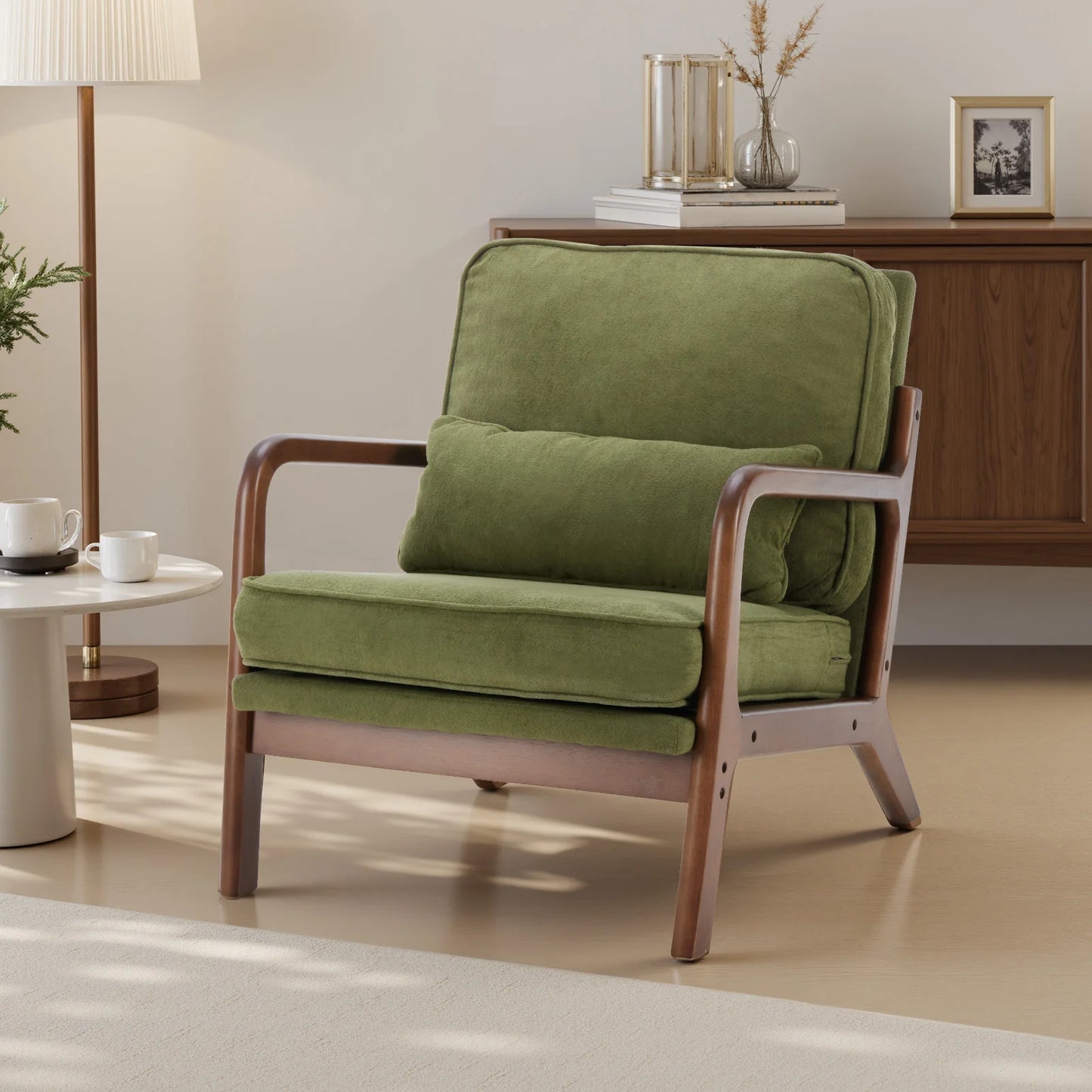 JHK Mid Century Modern Wooden Frame Accent Chair Waist Cushion
