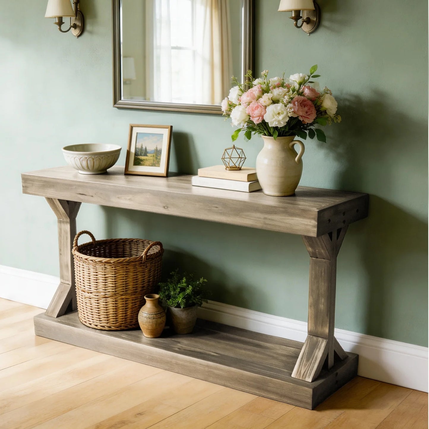 120cm Solid Wood Console Table Farmhouse Entryway Table Rectangular Couch Tables Behind Sofa Accent Tables for Hallway Entrance Foyer Living Room