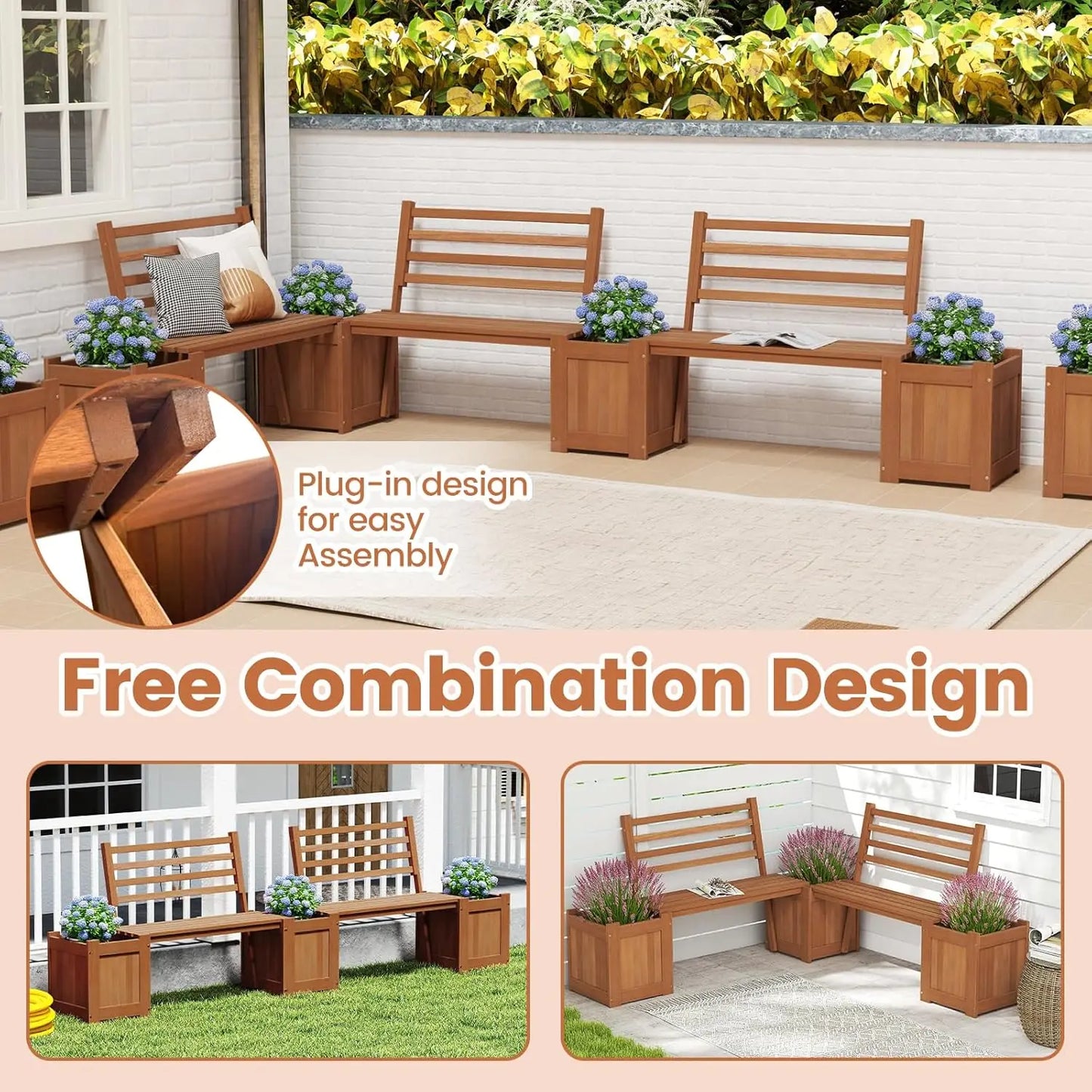 2-in-1 Wood Outdoor Bench With Raised Garden Beds Patio