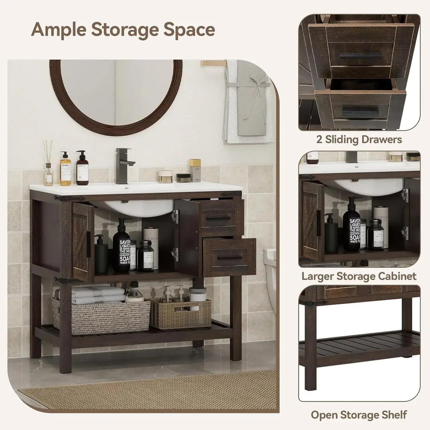 Rustic Farmhouse Vanity With Ceramic Undermount Sink And Drawers