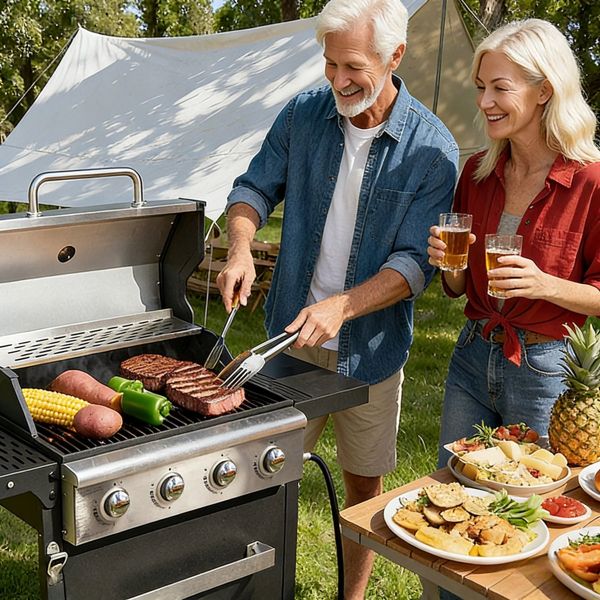 Outdoor Propane Gas Grill With Four Burners And Protective Cover