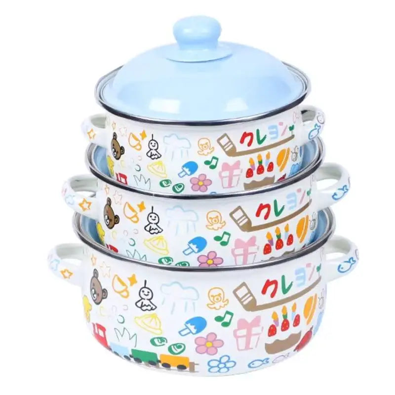 Three Piece Vintage Enamel Stock Pot Set With Lids
