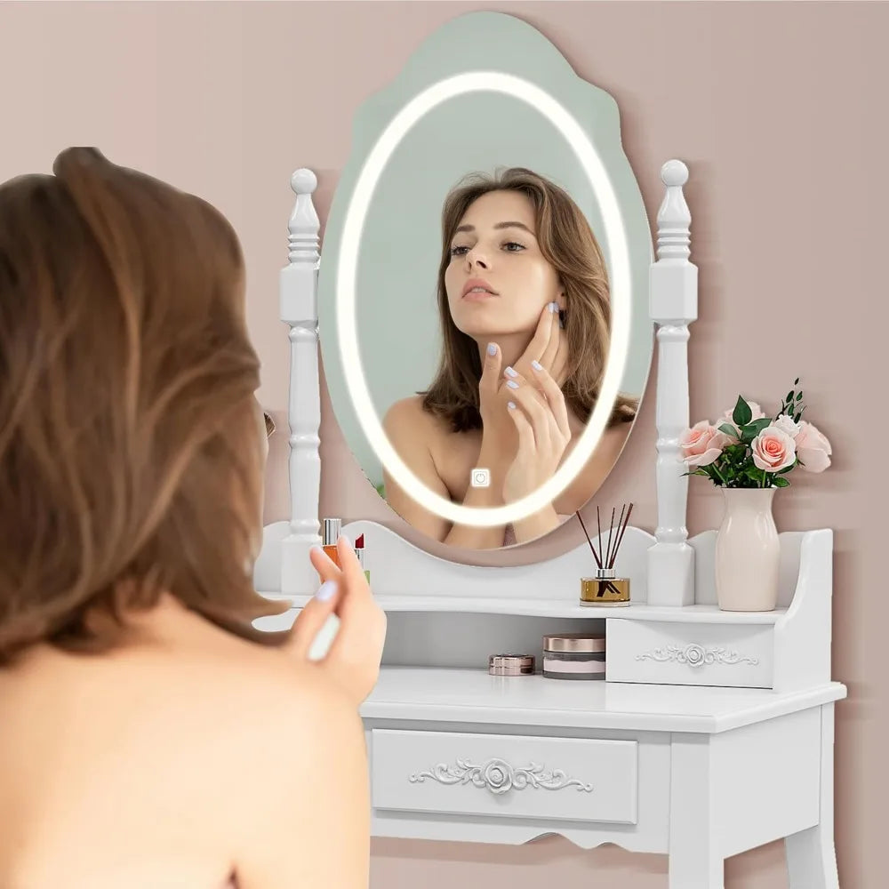 LED Mirror Vanity Desk with 4 Drawers & Stool, Adjustable Lighting Makeup Table for Bedroom, White