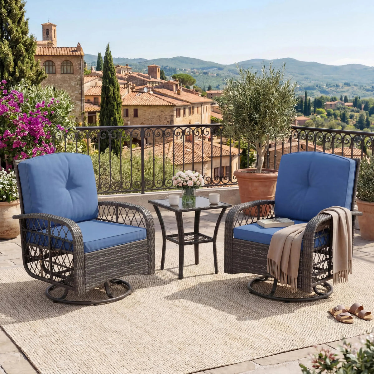 HiMISS Outdoor Wicker Swivel Rocker Conversation Set With Glass Table