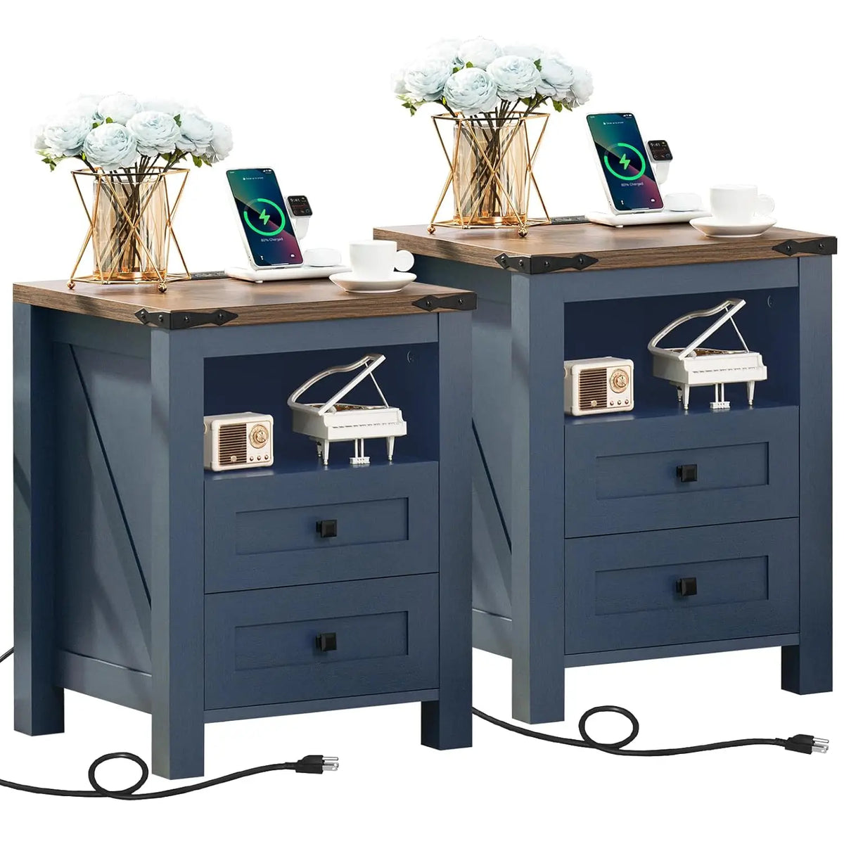 Set Of 2 Farmhouse Nightstands With Charging Station