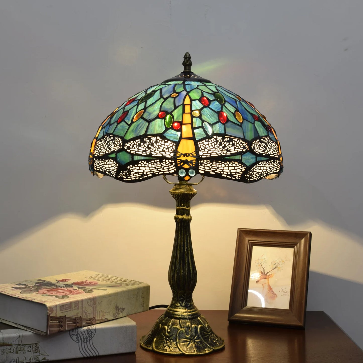 Mosaic Stained Glass Table Lamp Dragonfly Tulips Sunflowers Bedroom Home