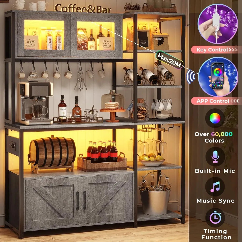 Farmhouse Coffee Bar Cabinet With Power Outlet And LED Light