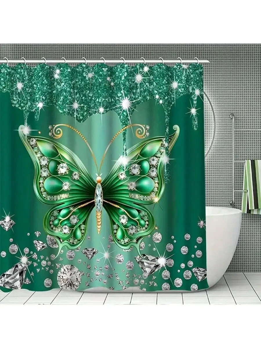 4 Piece Green Butterfly Shower Curtain Set - Crystal Embellished Print Bath Rugs - Washable Fabric Curtain and Toilet Lid Cover