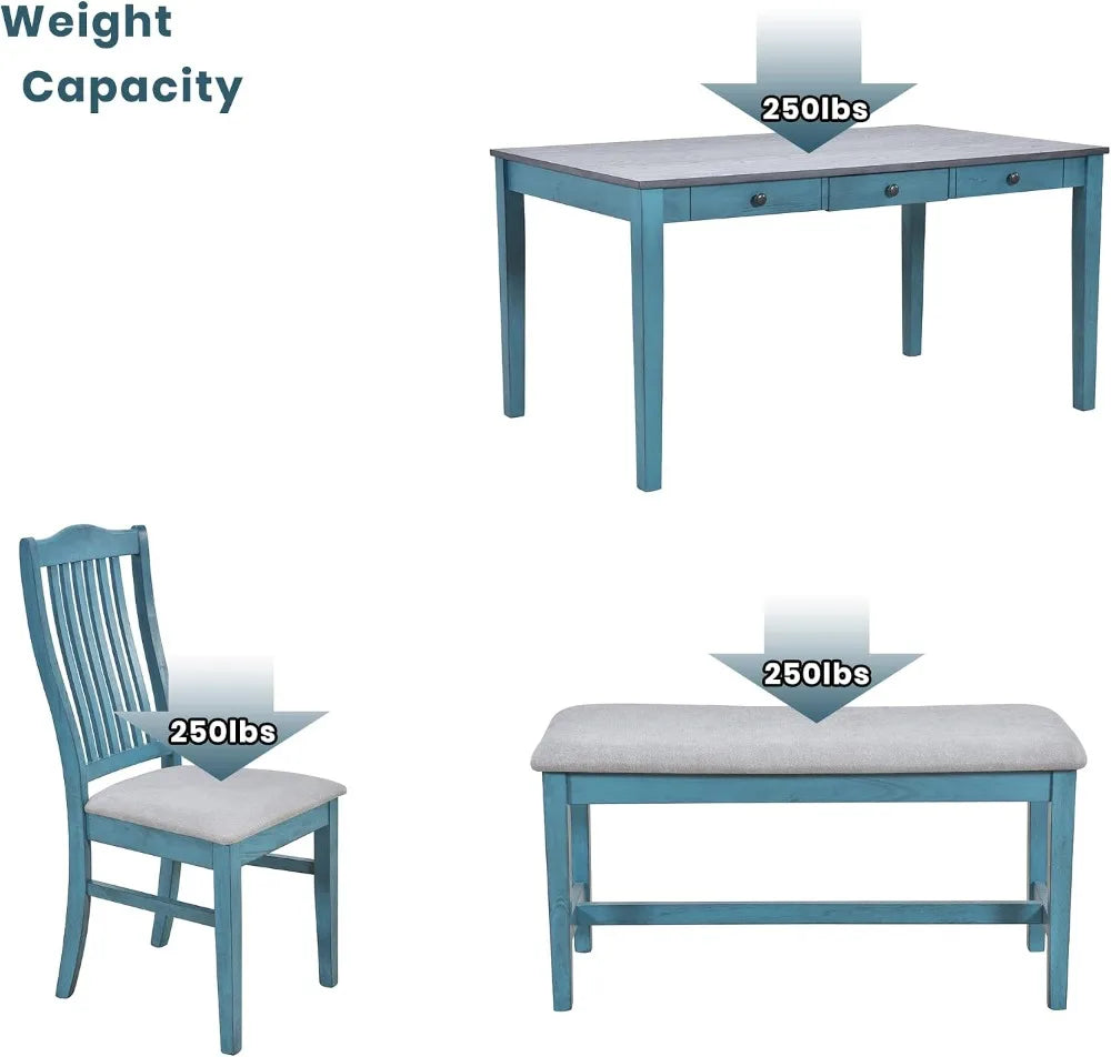 6-Piece Farmhouse Dining Table Set for 6, Solid Wood, Antique Blue