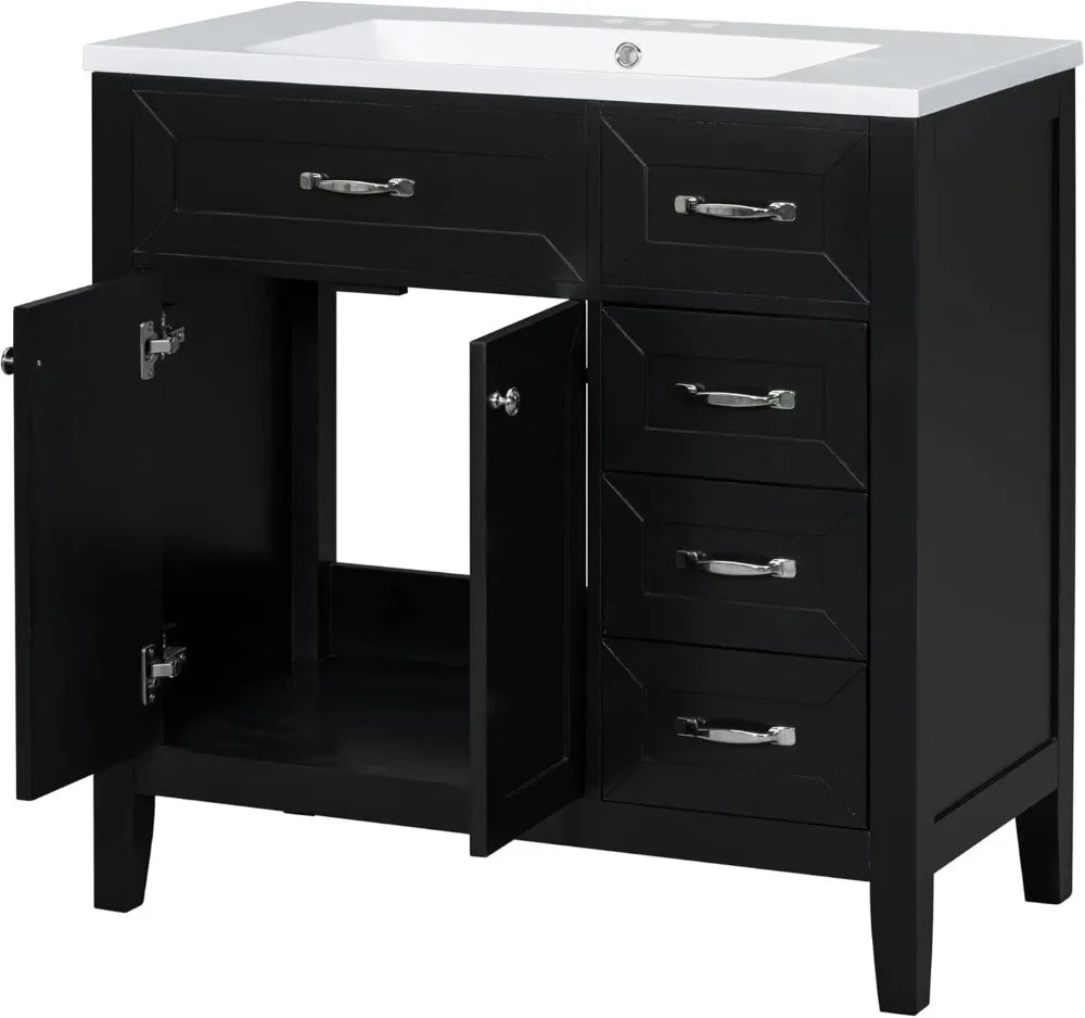 36 Inch Freestanding Bathroom Vanity with Ceramic Sink, Solid Wood Storage Cabinet, 3 Drawers & Soft-Close Doors in Black