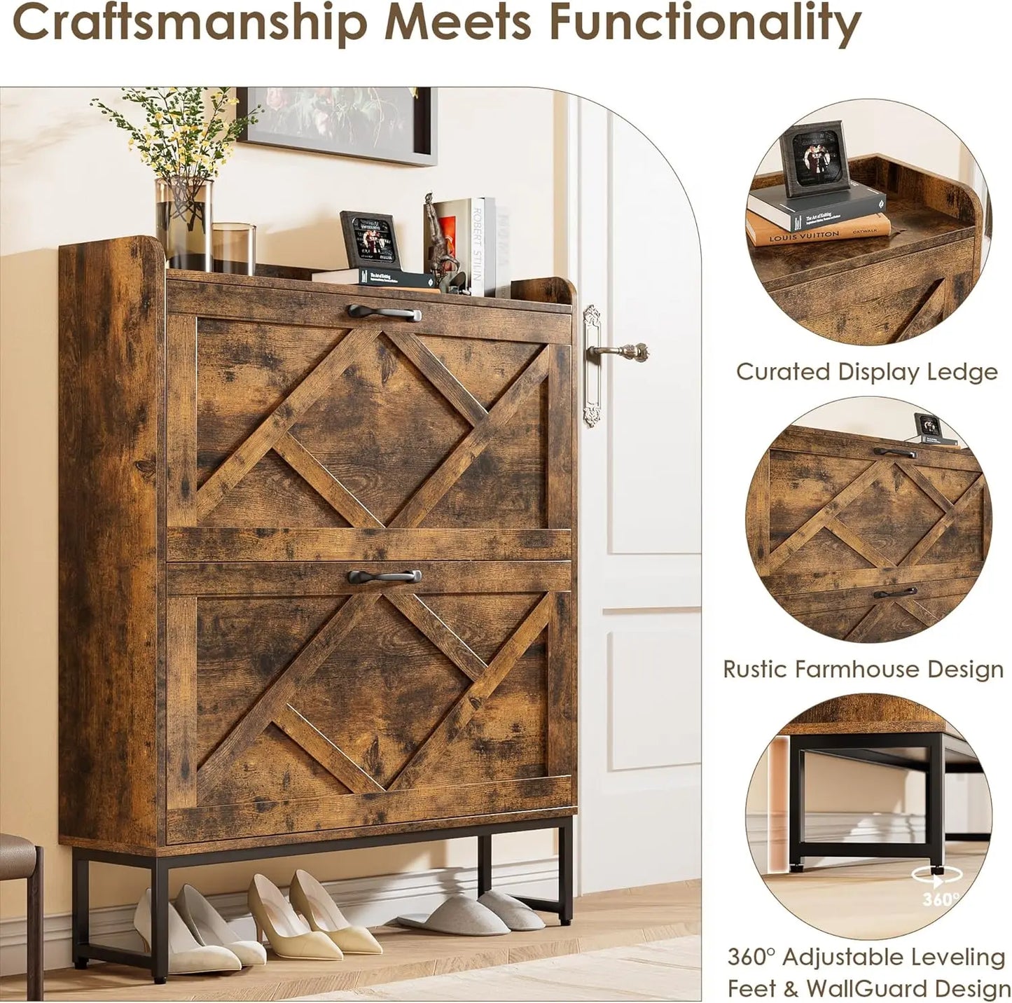 Shoe Cabinet Organizer with 2 Flip Drawers, Narrow Rack with Metal Legs, Slim Storage for Entryway, Foyer, Hallway, Rustic Brown