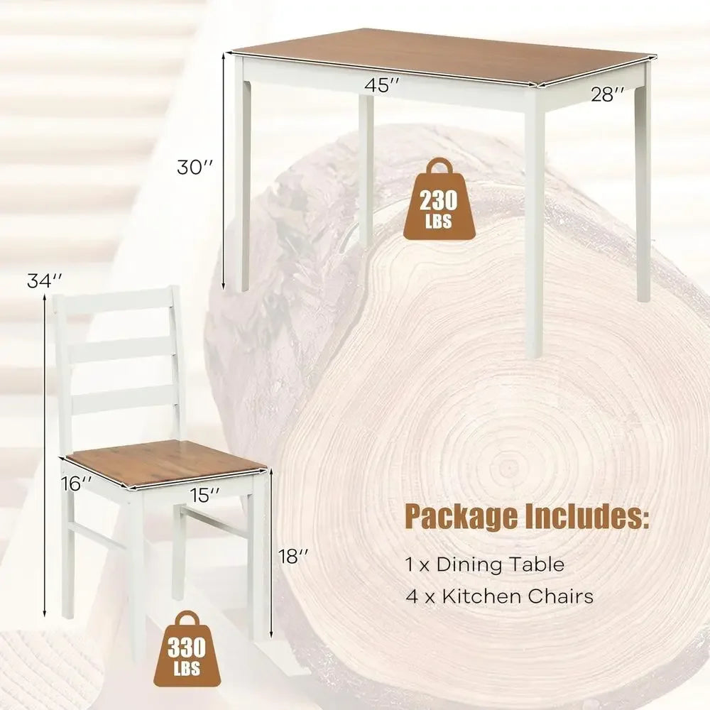 Dining Table Set for 4, Solid Wood Kitchen Table and Chairs, Farmhouse Dinette Set w Apron, Rubber Wood Legs, MidCentury Modern