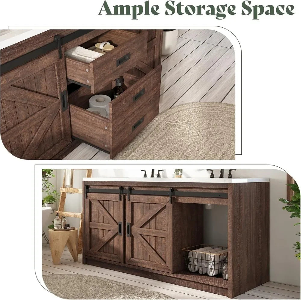 60" Freestanding Bathroom Vanity with Sliding Barn Door, Double Sink Combo, Drawers & Metal Handles, Reclaimed Barnwood Design