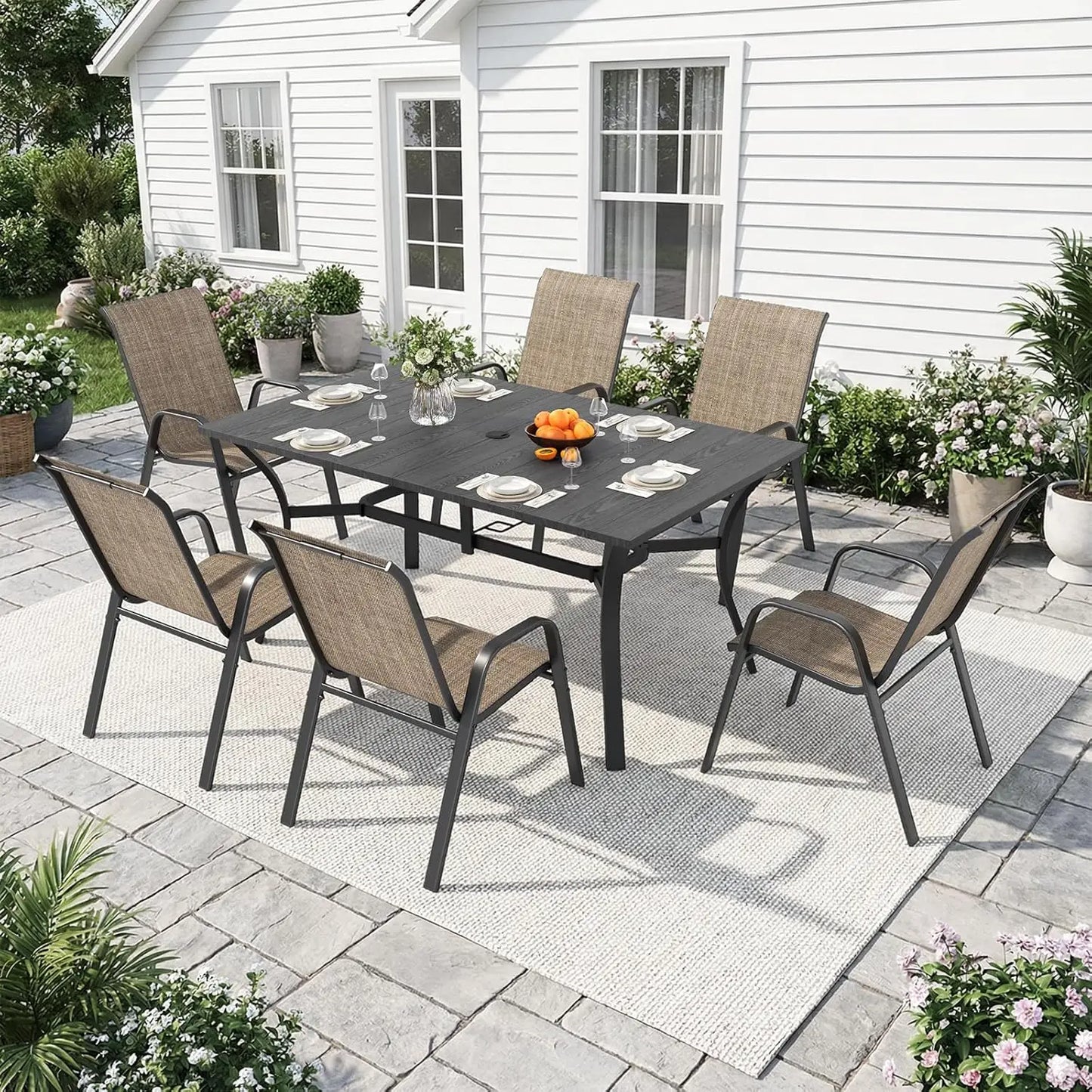 Outdoor Dining Set With Adjustable Umbrella Hole And Heavy Duty Metal Frame